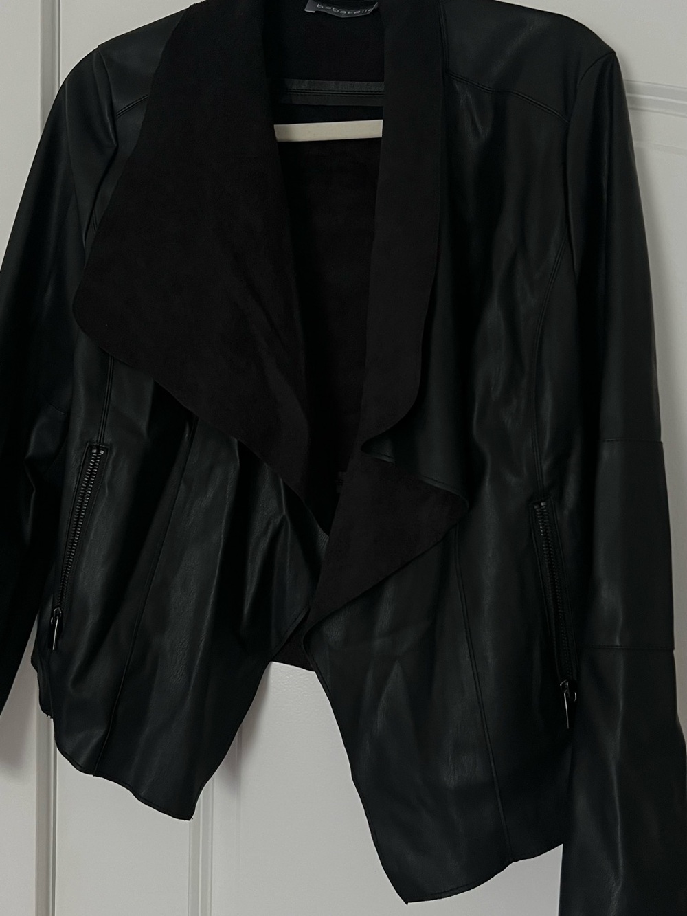 bagatelle Black Draped Faux Leather Jacket with Suede Collar